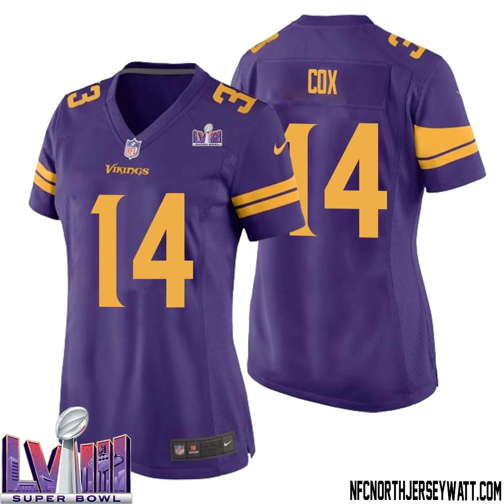 Fred Cox No 14 Minnesota Vikings Super Bowl LVIII Alternate Game Jersey Purple for Women