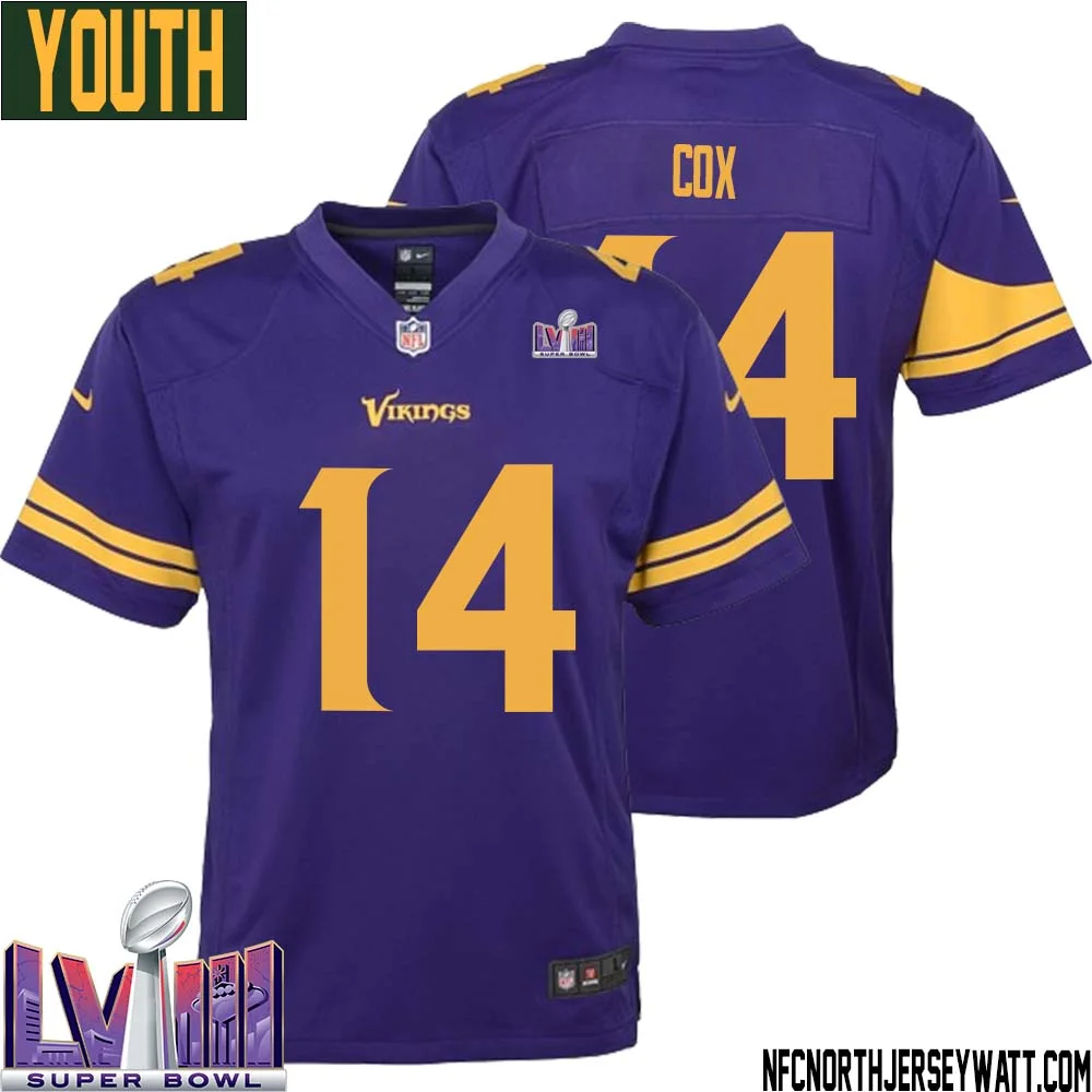 Fred Cox No 14 Minnesota Vikings Super Bowl LVIII Alternate Game Jersey Purple for Youth 1