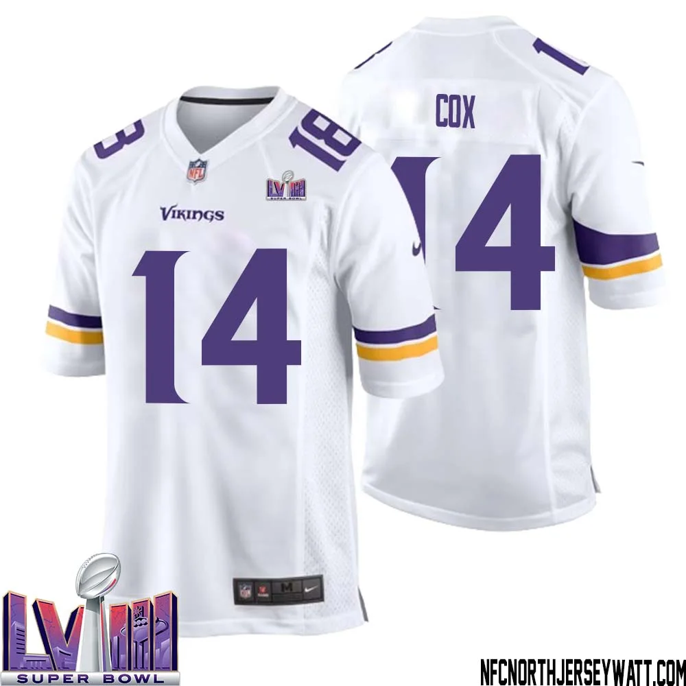 Fred Cox No 14 Minnesota Vikings Super Bowl LVIII Away Game Jersey White for Men 1