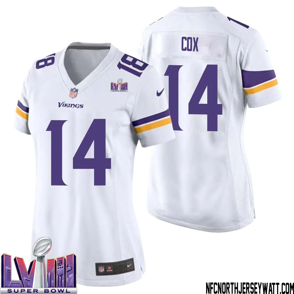 Fred Cox No 14 Minnesota Vikings Super Bowl LVIII Away Game Jersey White for Women