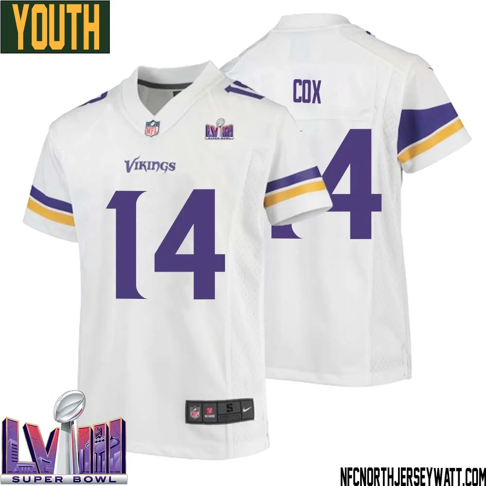 Fred Cox No 14 Minnesota Vikings Super Bowl LVIII Away Game Jersey White for Youth 1
