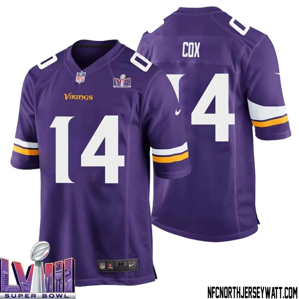 Fred Cox No 14 Minnesota Vikings Super Bowl LVIII Home Game Jersey Court Purple for Mens 1