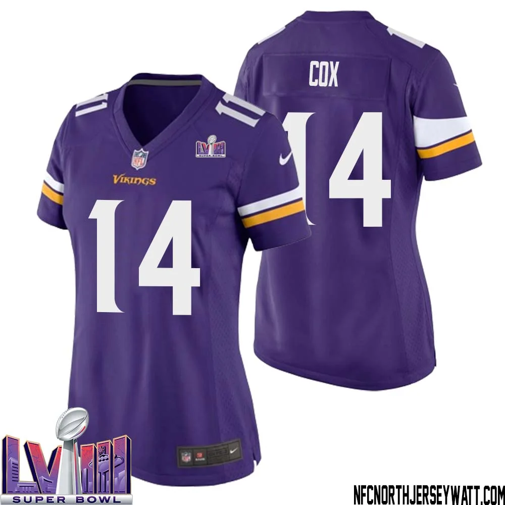 Fred Cox No 14 Minnesota Vikings Super Bowl LVIII Home Game Jersey Court Purple for Women 1