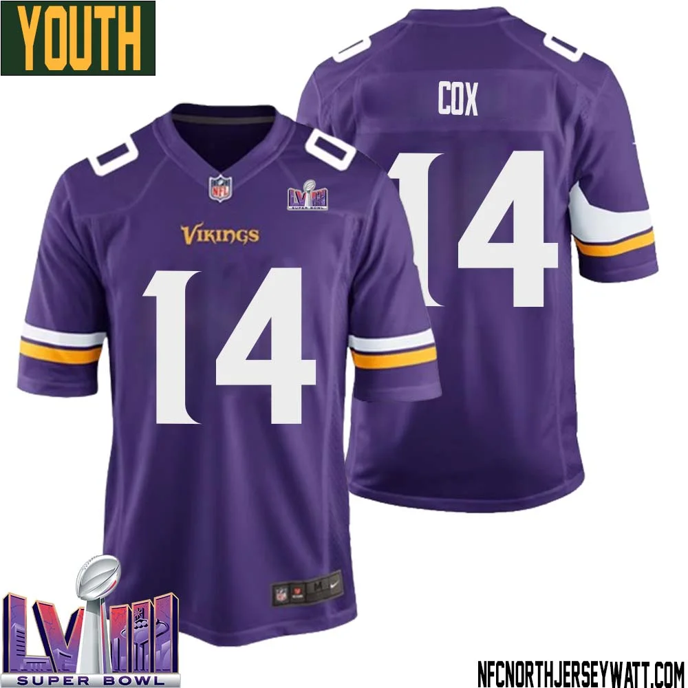 Fred Cox No 14 Minnesota Vikings Super Bowl LVIII Home Game Jersey Court Purple for Youth