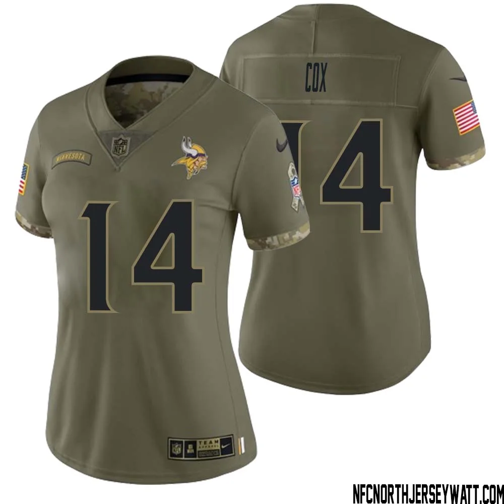 Fred Cox No 14 Women Olive Minnesota Vikings 2022 Salute To Service Retired Player Limited Jersey 1