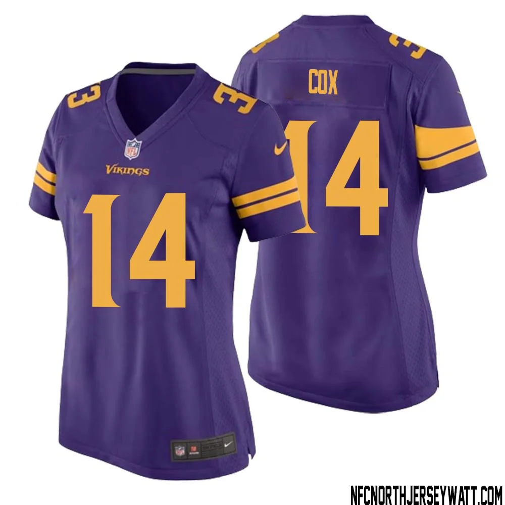Fred Cox No 14 Women Purple Minnesota Vikings Alternate Game Jersey 1