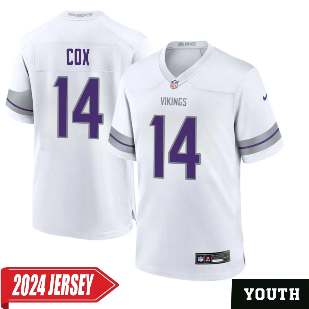 Fred Cox No 14 Youth s Minnesota Vikings White Alternate Custom Game 2024 Jersey