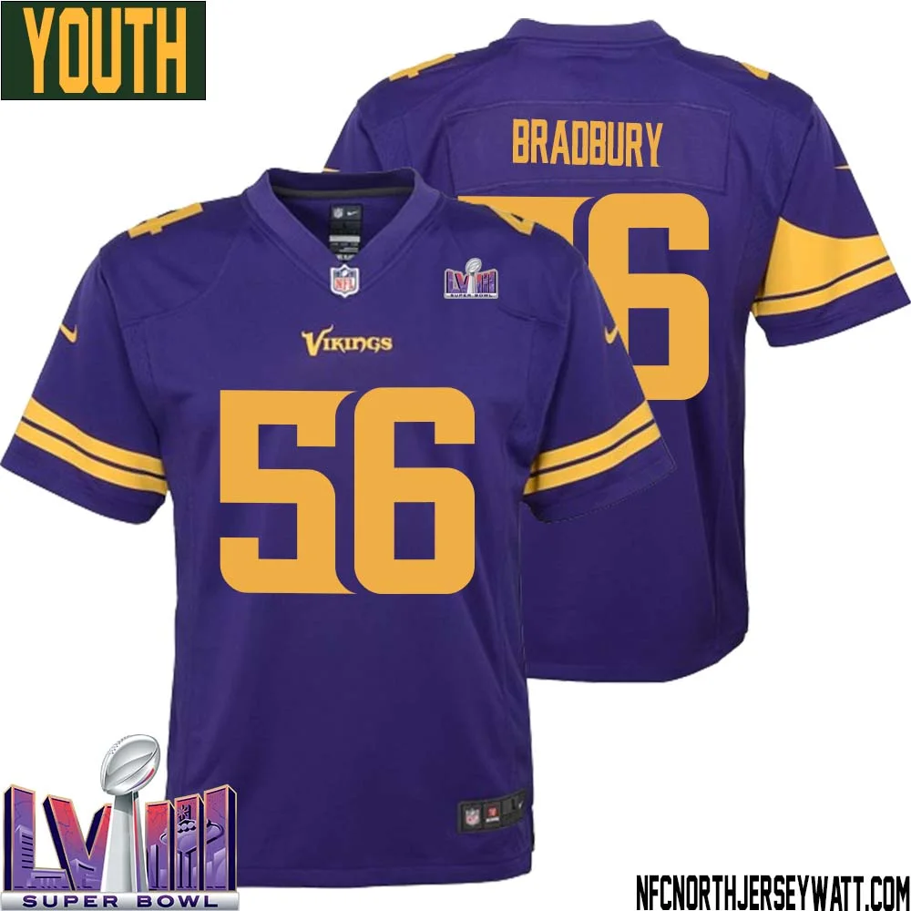 Garrett Bradbury No 56 Minnesota Vikings Super Bowl LVIII Alternate Game Jersey Purple for Youth