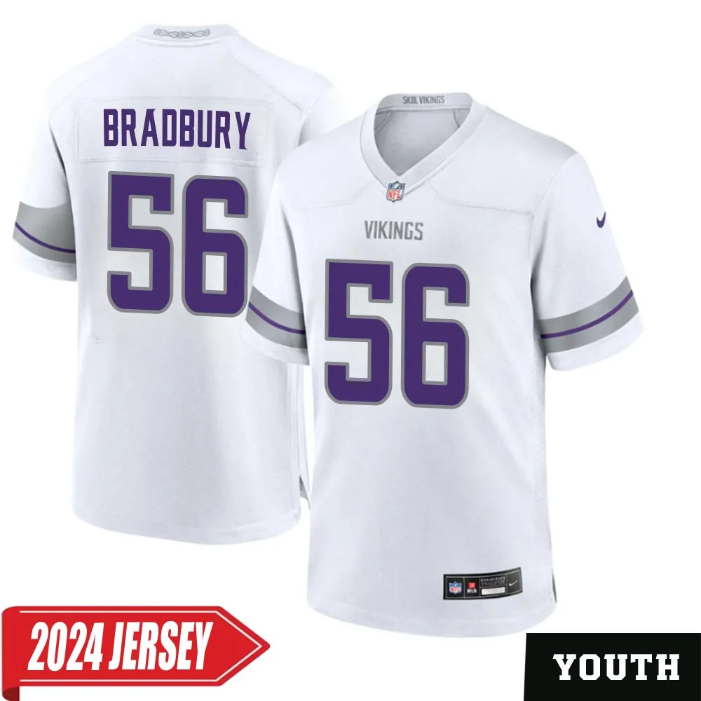 Garrett Bradbury No 56 Youth s Minnesota Vikings White Alternate Custom Game 2024 Jersey