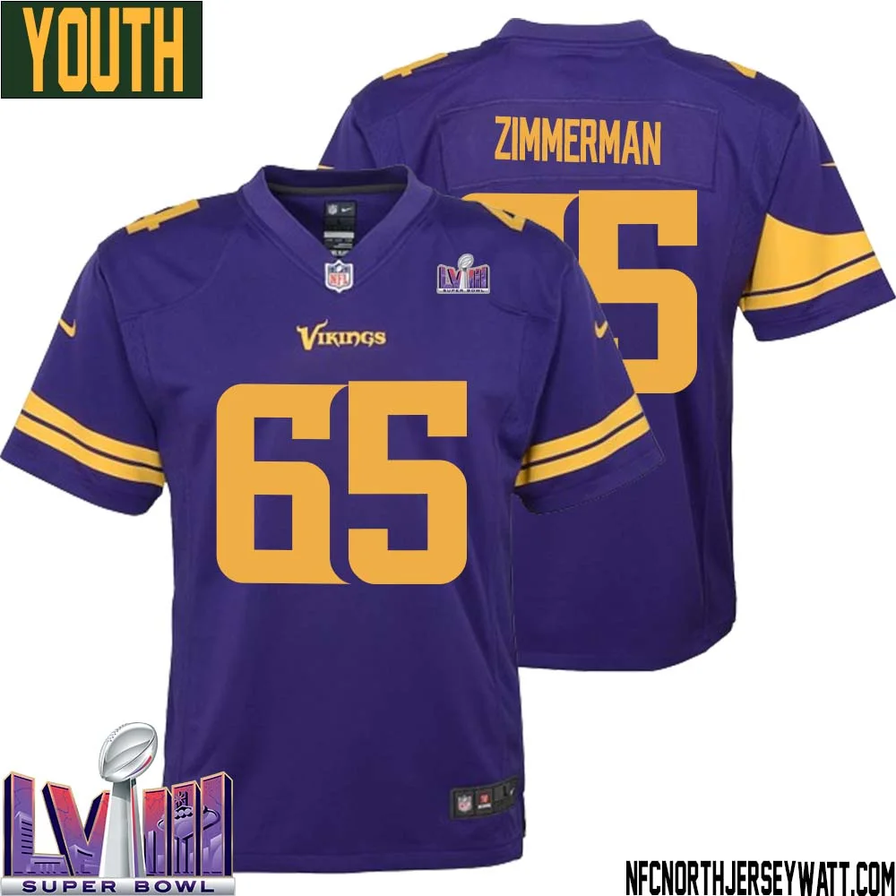 Gary Zimmerman No 65 Minnesota Vikings Super Bowl LVIII Alternate Game Jersey Purple for Youth