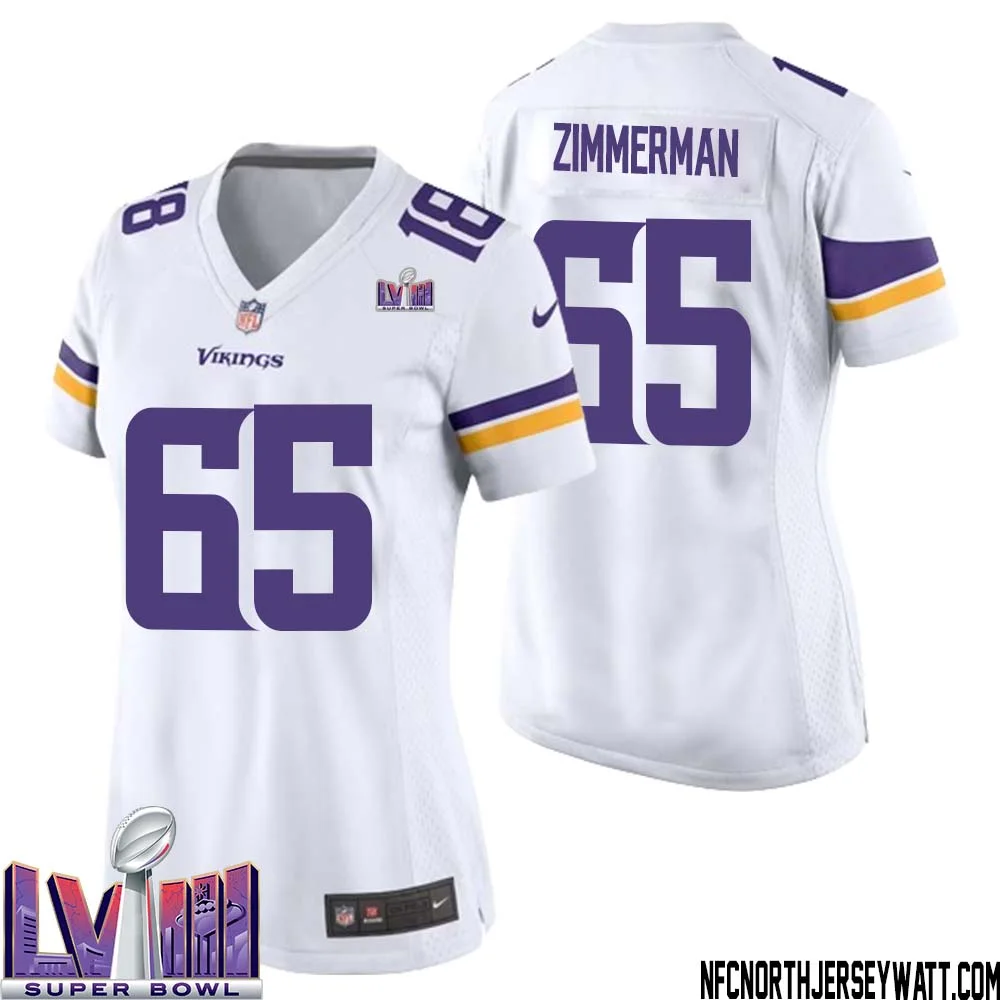 Gary Zimmerman No 65 Minnesota Vikings Super Bowl LVIII Away Game Jersey White for Women 1