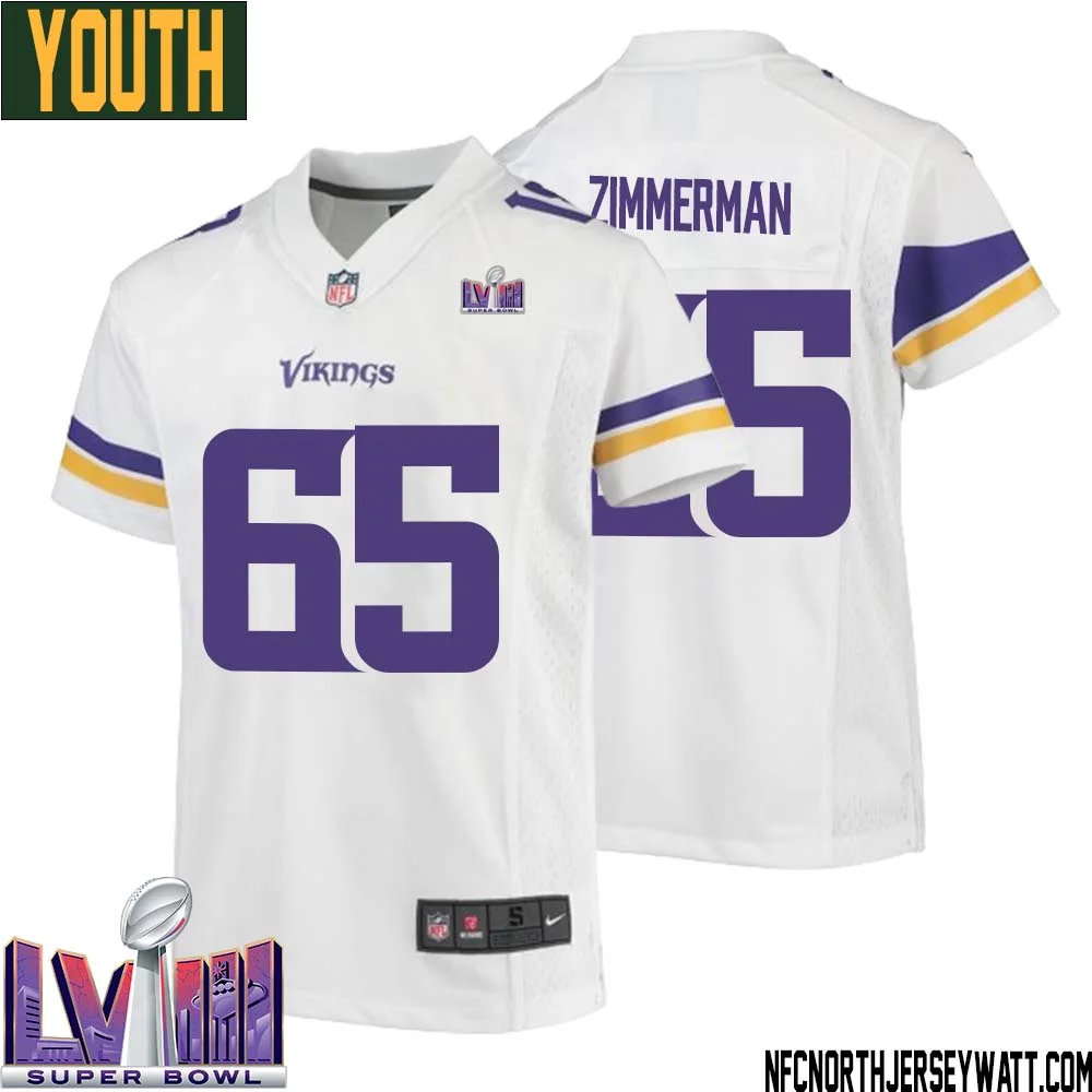 Gary Zimmerman No 65 Minnesota Vikings Super Bowl LVIII Away Game Jersey White for Youth