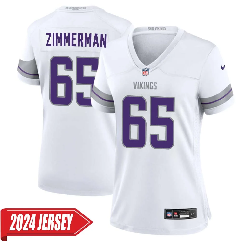 Gary Zimmerman No 65 Woman s Minnesota Vikings White Alternate Custom Game 2024 Jersey