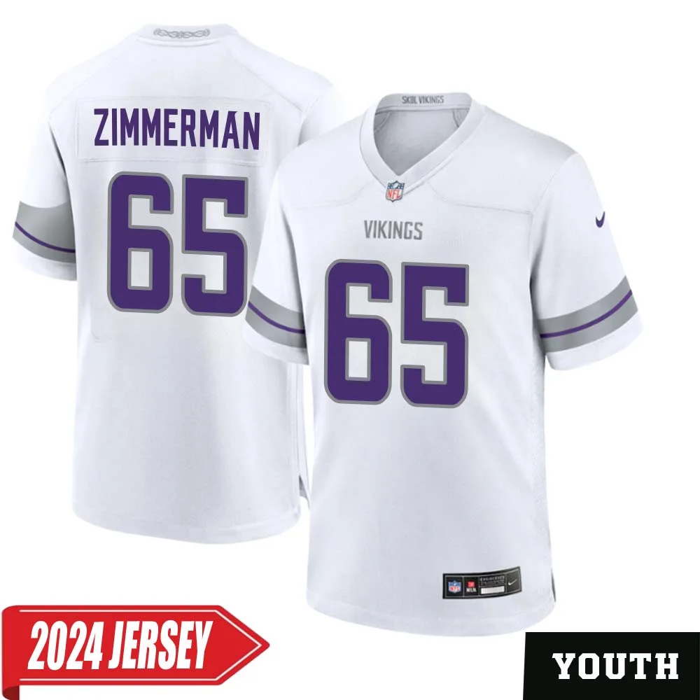 Gary Zimmerman No 65 Youth s Minnesota Vikings White Alternate Custom Game 2024 Jersey
