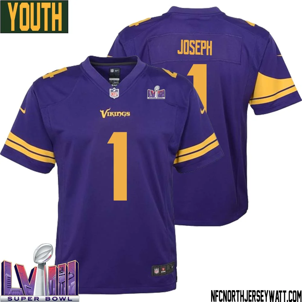 Greg Joseph No 1 Minnesota Vikings Super Bowl LVIII Alternate Game Jersey Purple for Youth