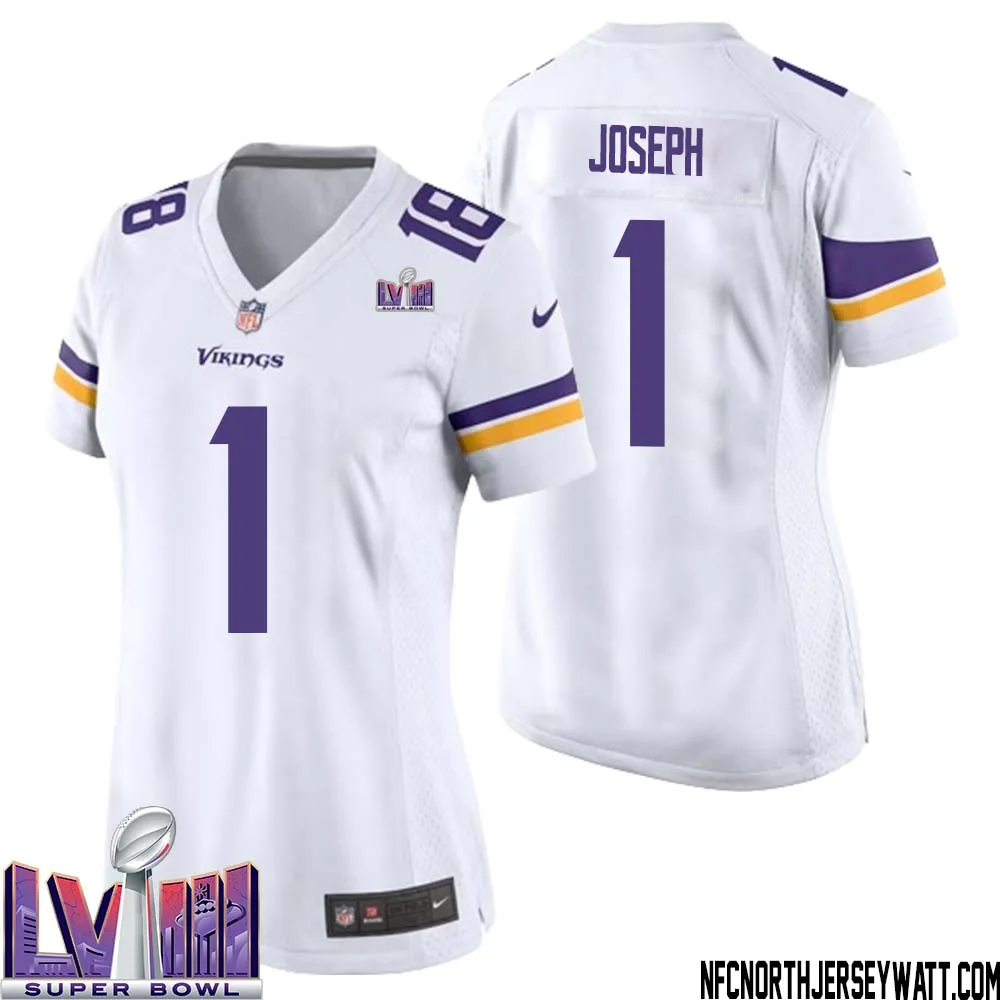 Greg Joseph No 1 Minnesota Vikings Super Bowl LVIII Away Game Jersey White for Women 1