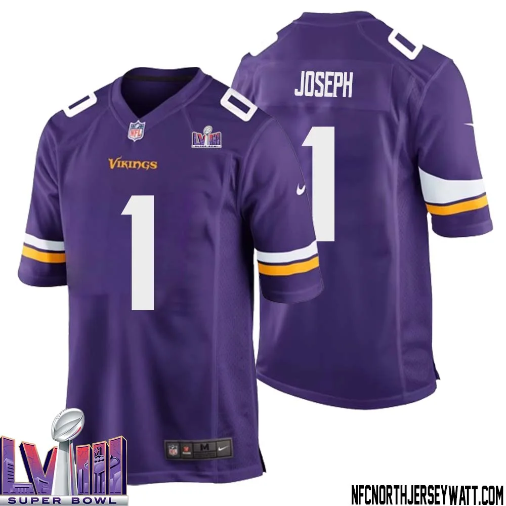Greg Joseph No 1 Minnesota Vikings Super Bowl LVIII Home Game Jersey Court Purple for Mens
