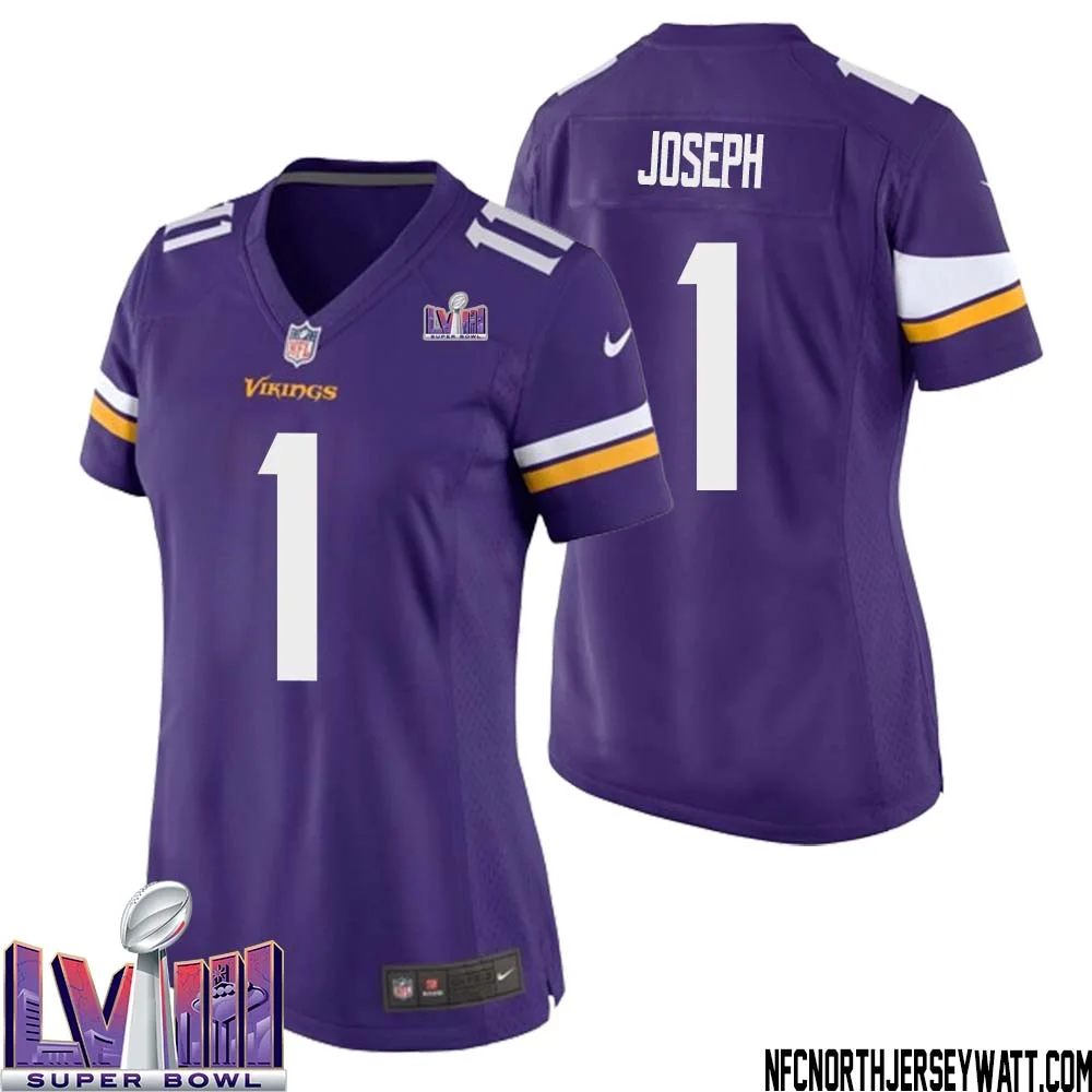 Greg Joseph No 1 Minnesota Vikings Super Bowl LVIII Home Game Jersey Court Purple for Women
