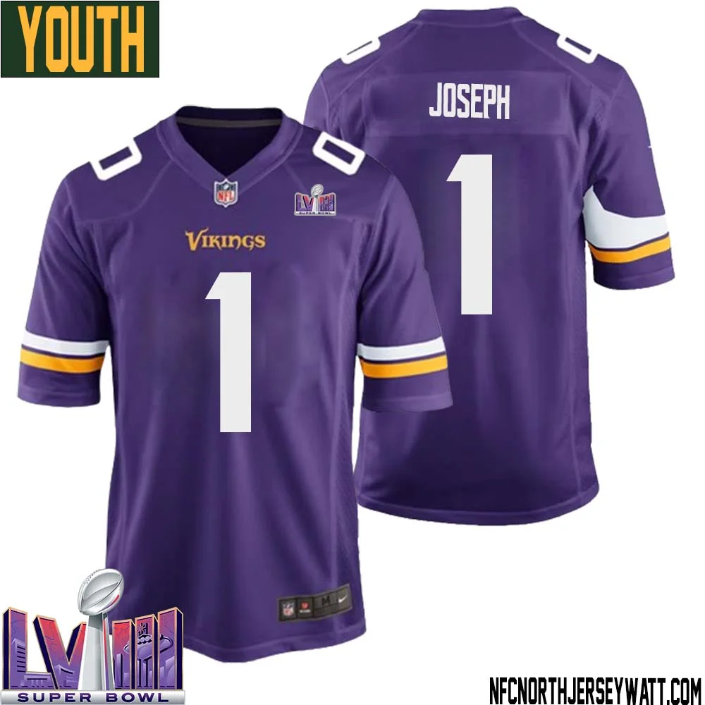 Greg Joseph No 1 Minnesota Vikings Super Bowl LVIII Home Game Jersey Court Purple for Youth