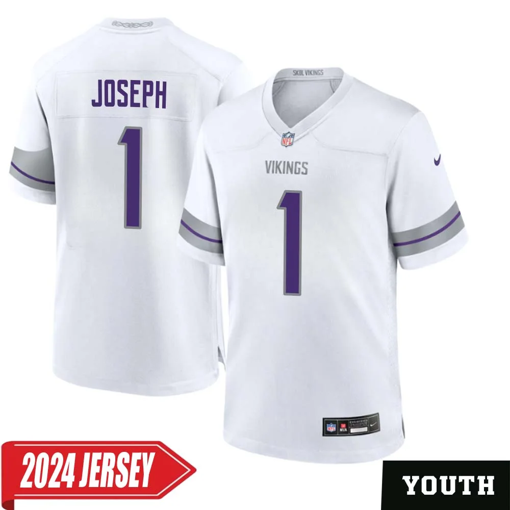 Greg Joseph No 1 Youth s Minnesota Vikings White Alternate Custom Game 2024 Jersey