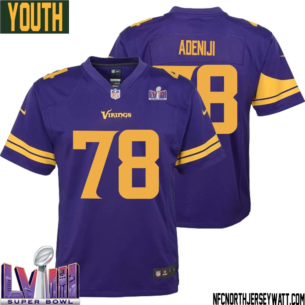 Hakeem Adeniji No 78 Minnesota Vikings Super Bowl LVIII Alternate Game Jersey Purple for Youth