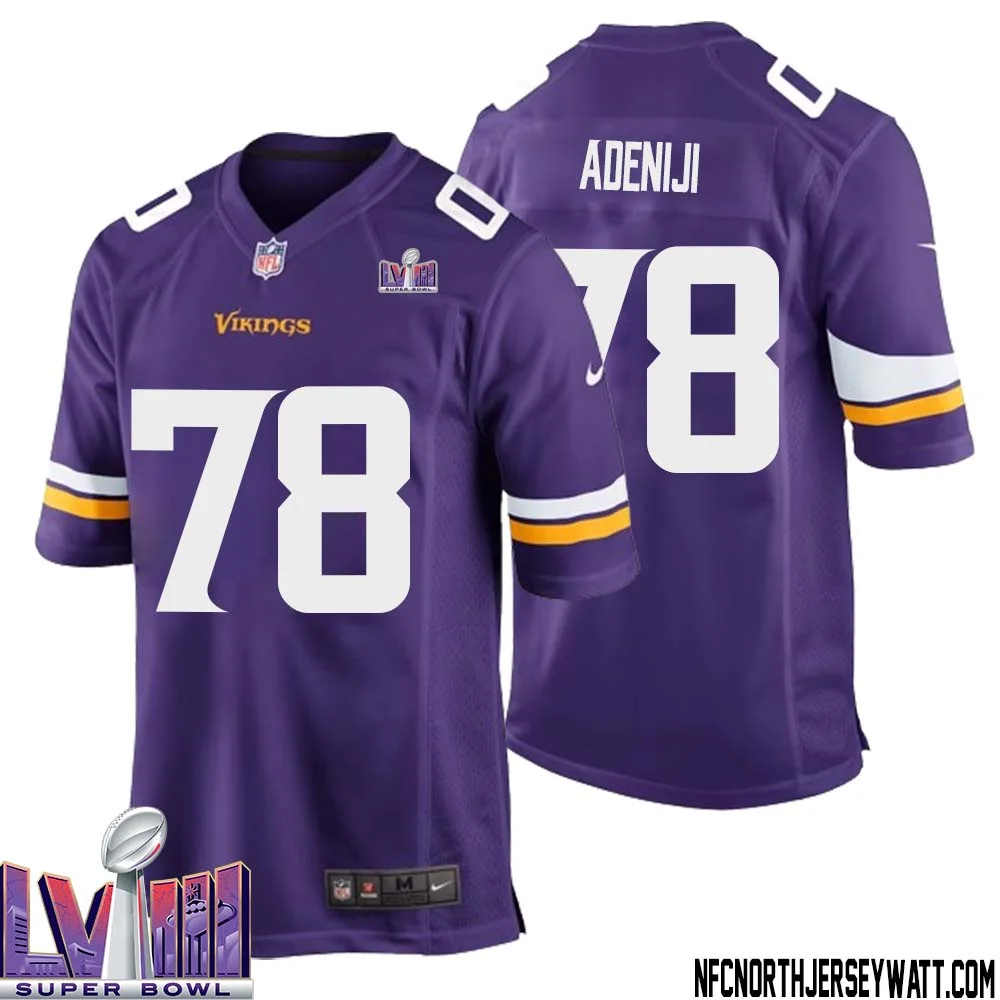 Hakeem Adeniji No 78 Minnesota Vikings Super Bowl LVIII Home Game Jersey Court Purple for Mens