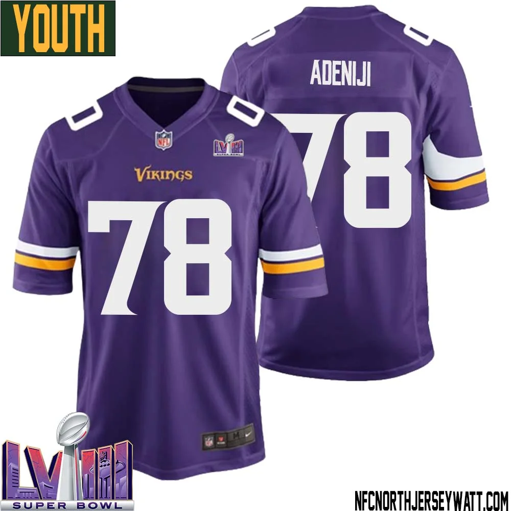 Hakeem Adeniji No 78 Minnesota Vikings Super Bowl LVIII Home Game Jersey Court Purple for Youth 1