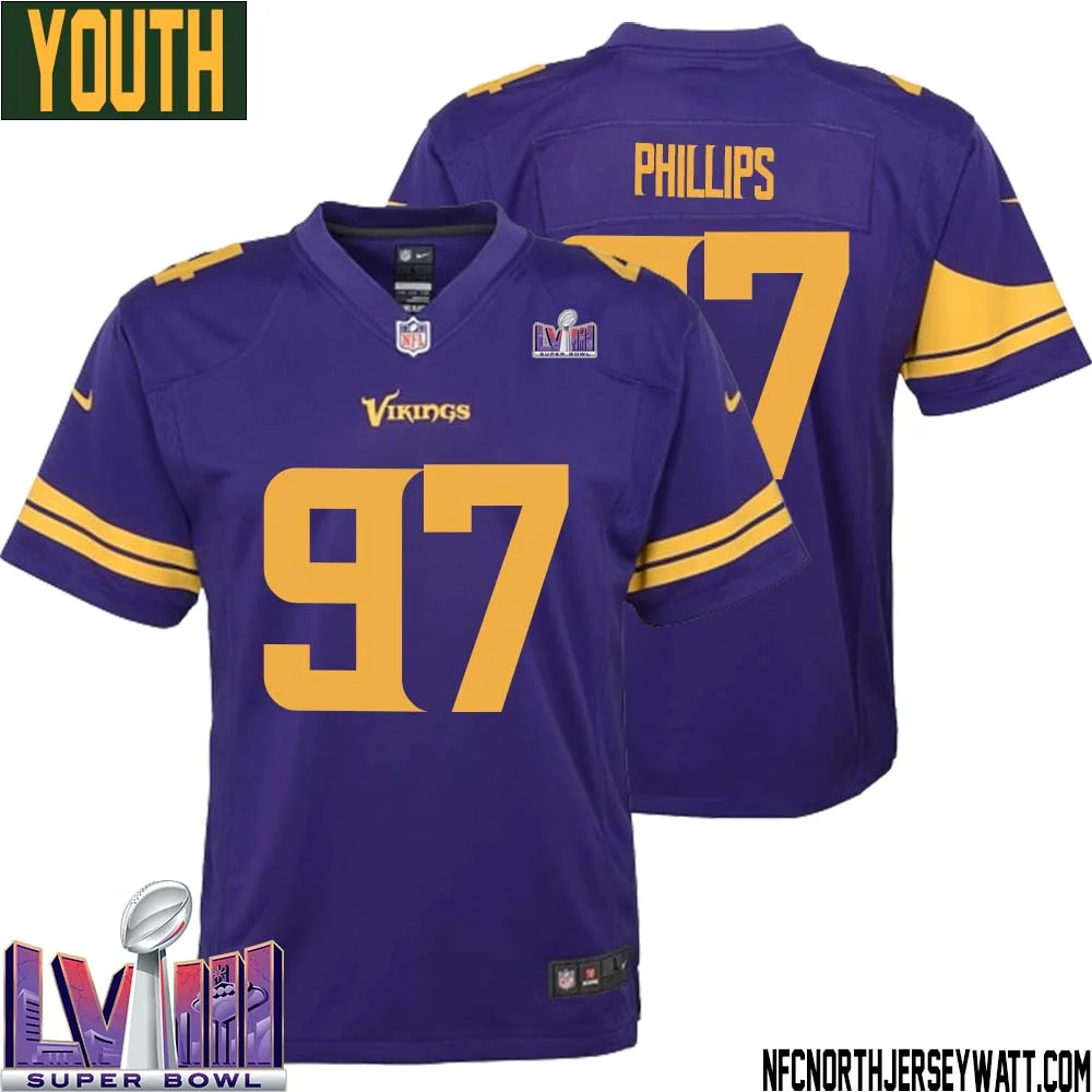 Harrison Phillips No 97 Minnesota Vikings Super Bowl LVIII Alternate Game Jersey Purple for Youth 1