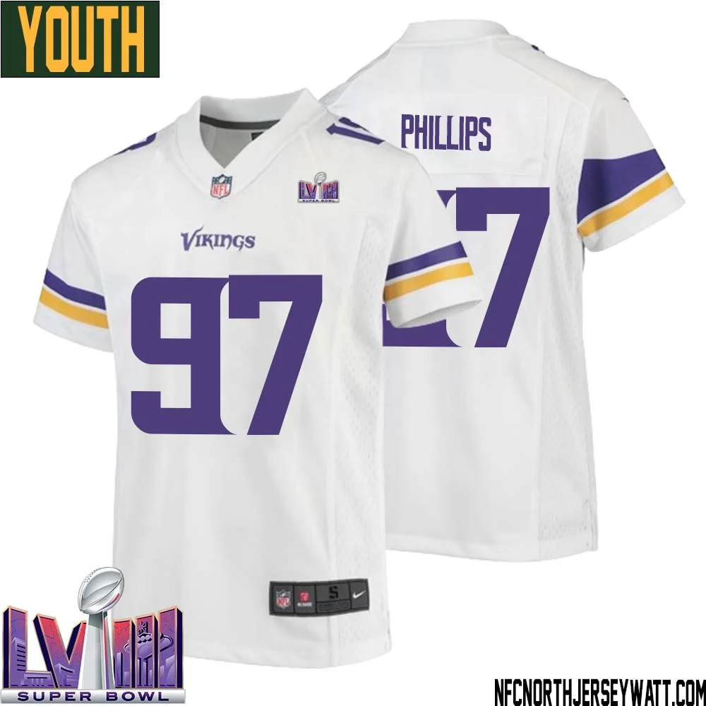Harrison Phillips No 97 Minnesota Vikings Super Bowl LVIII Away Game Jersey White for Youth 1