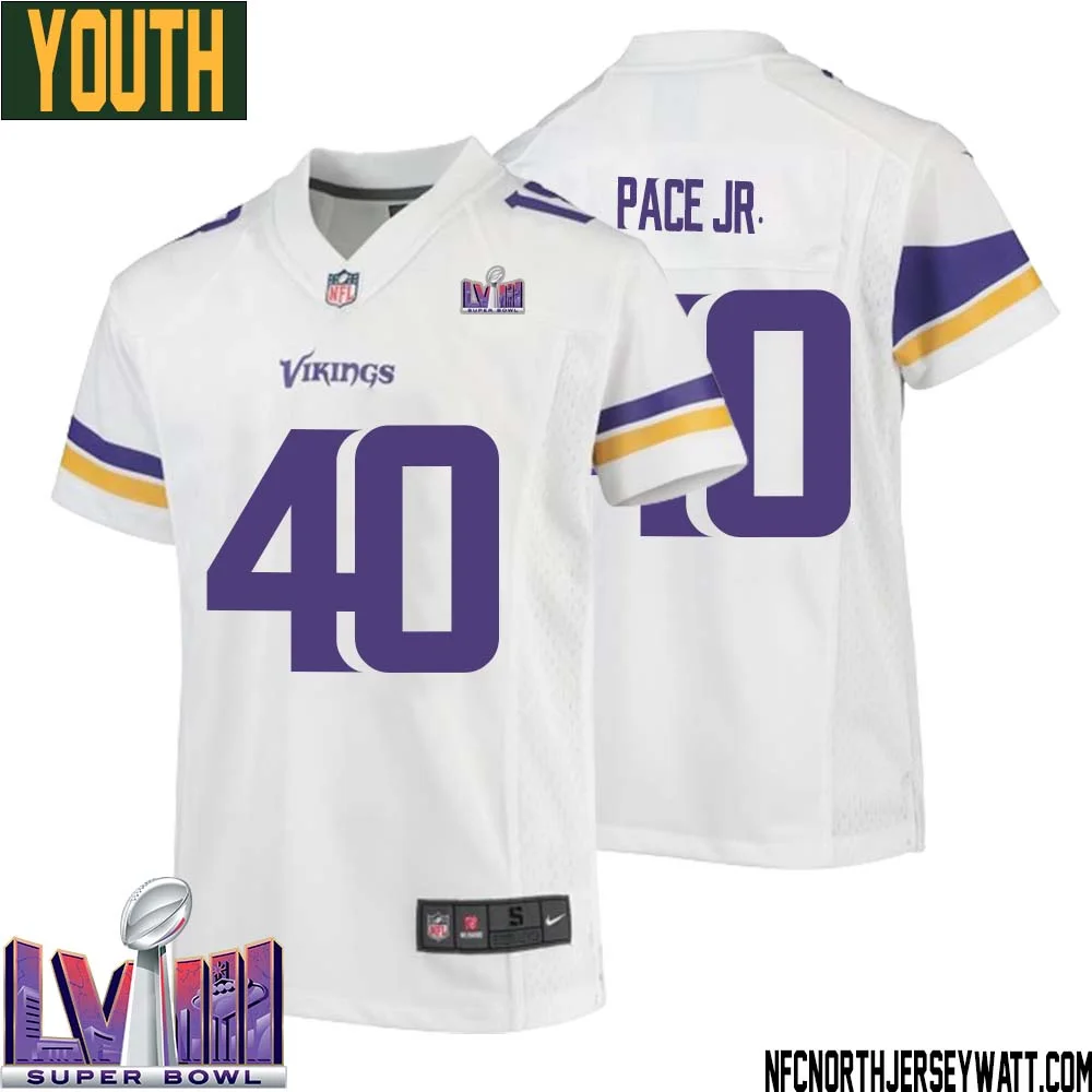 Ivan Pace Jr. No 40 Minnesota Vikings Super Bowl LVIII Away Game Jersey White for Youth 1