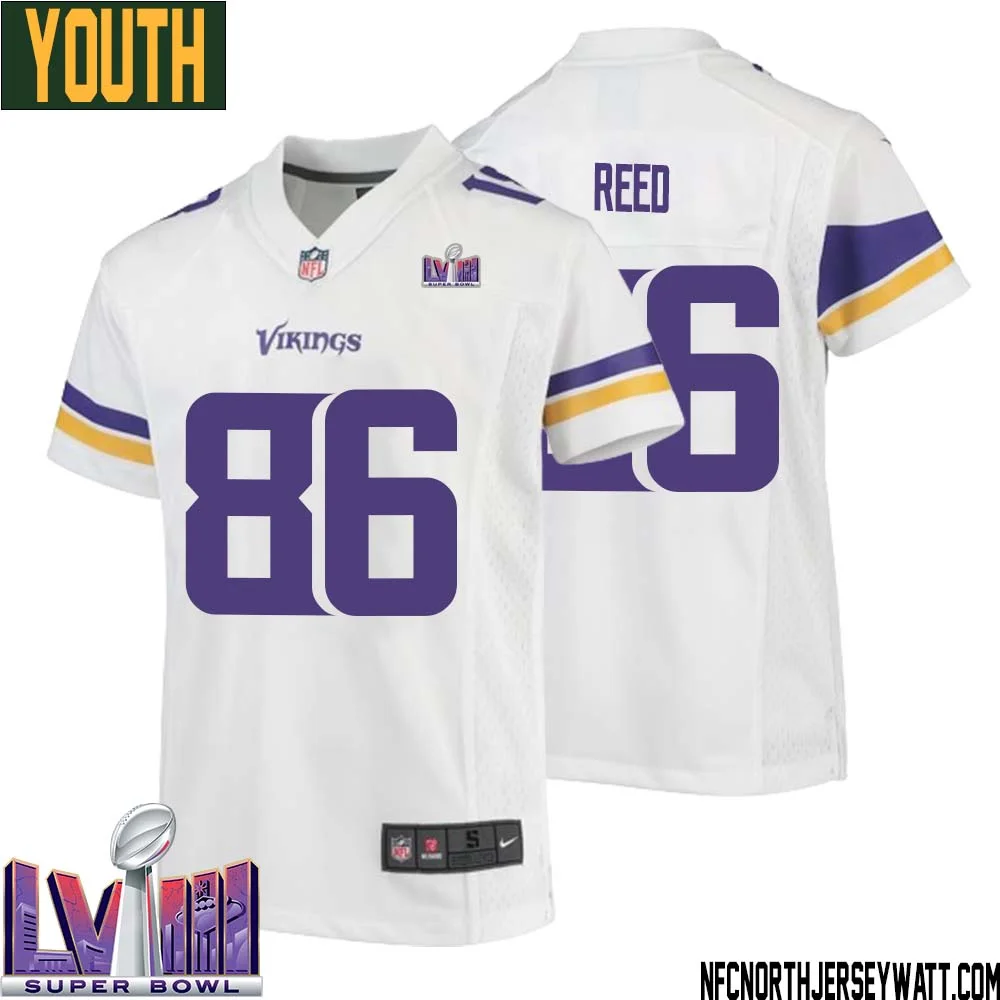 Jake Reed No 86 Minnesota Vikings Super Bowl LVIII Away Game Jersey White for Youth