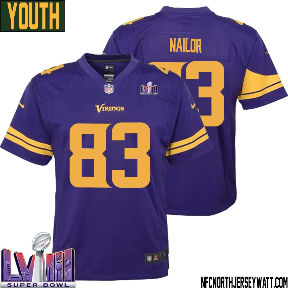 Jalen Nailor No 83 Minnesota Vikings Super Bowl LVIII Alternate Game Jersey Purple for Youth