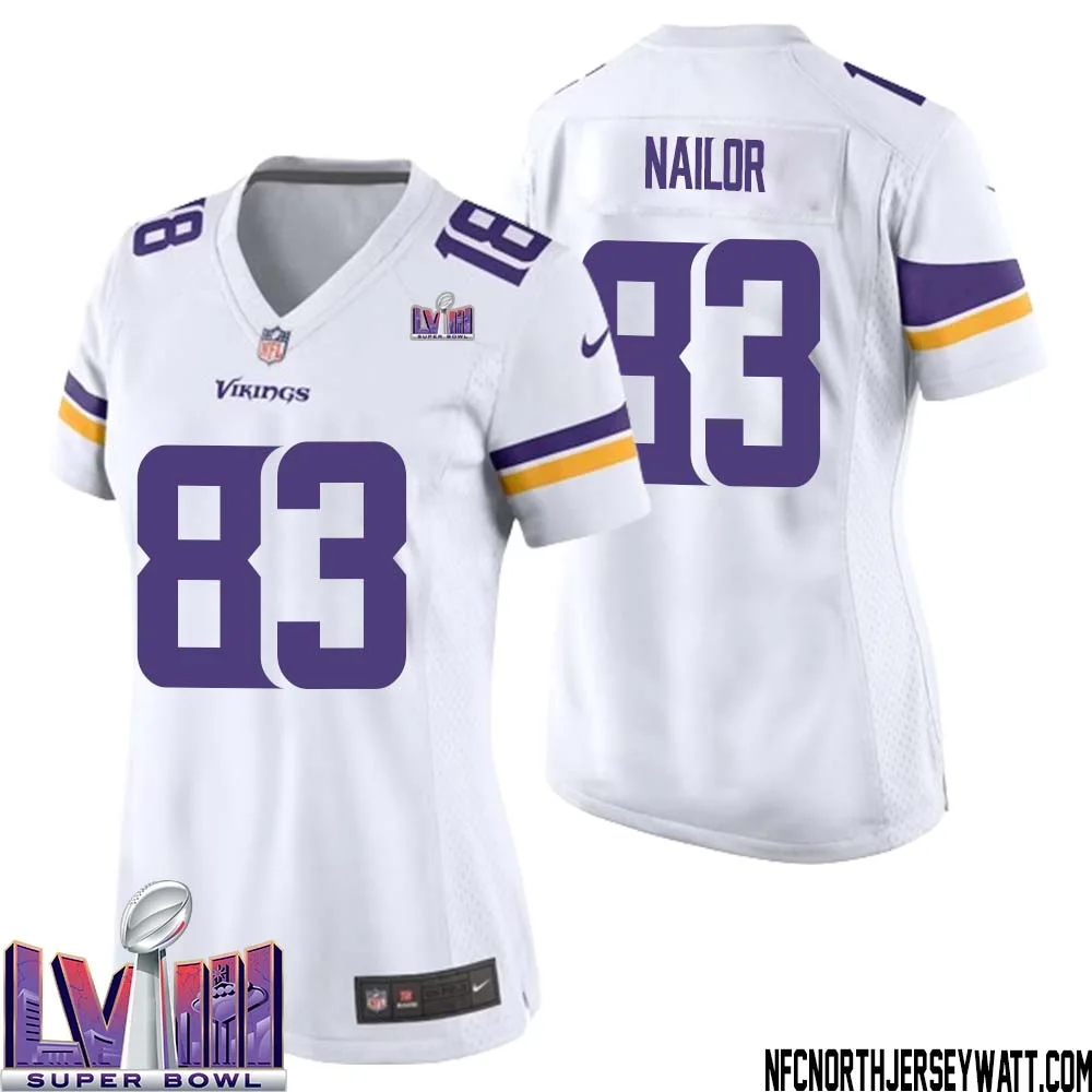 Jalen Nailor No 83 Minnesota Vikings Super Bowl LVIII Away Game Jersey White for Women 1