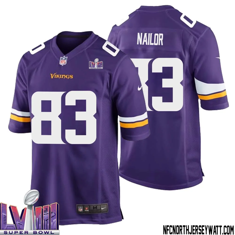 Jalen Nailor No 83 Minnesota Vikings Super Bowl LVIII Home Game Jersey Court Purple for Mens 1