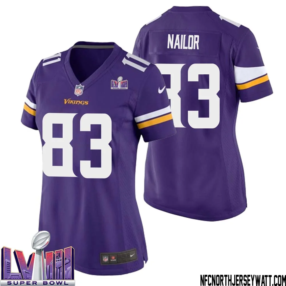 Jalen Nailor No 83 Minnesota Vikings Super Bowl LVIII Home Game Jersey Court Purple for Women 1