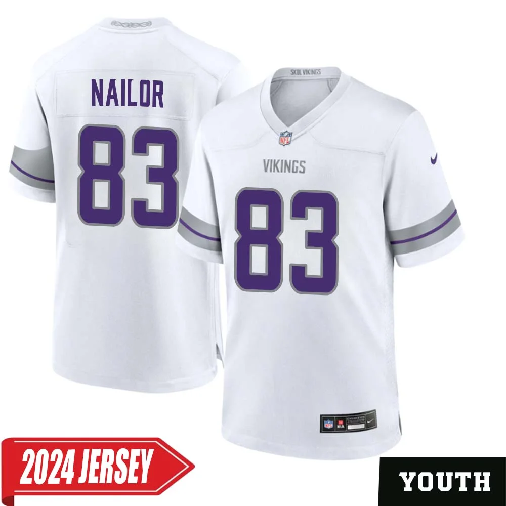 Jalen Nailor No 83 Youth s Minnesota Vikings White Alternate Custom Game 2024 Jersey