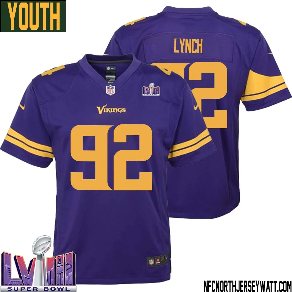 James Lynch No 92 Minnesota Vikings Super Bowl LVIII Alternate Game Jersey Purple for Youth 1