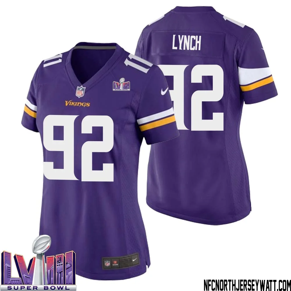 James Lynch No 92 Minnesota Vikings Super Bowl LVIII Home Game Jersey Court Purple for Women 1