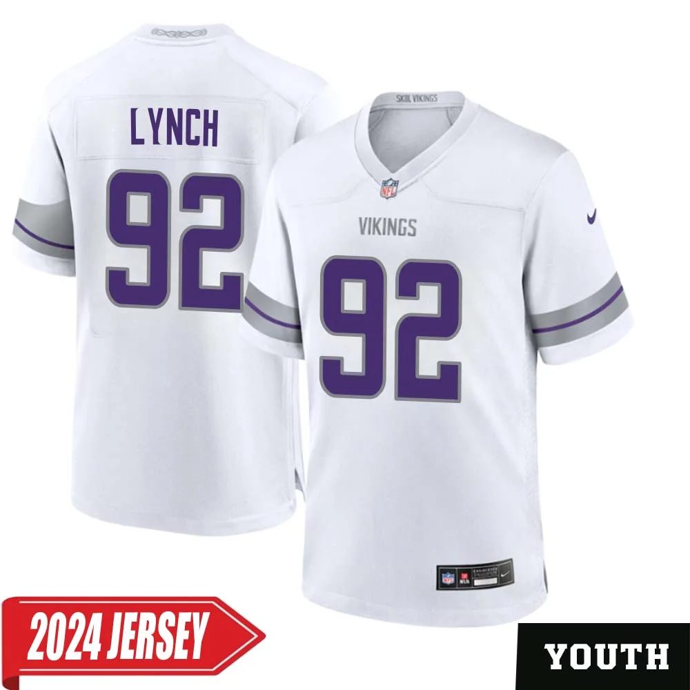 James Lynch No 92 Youth s Minnesota Vikings White Alternate Custom Game 2024 Jersey