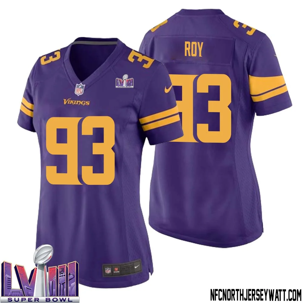Jaquelin Roy No 93 Minnesota Vikings Super Bowl LVIII Alternate Game Jersey Purple for Women 1
