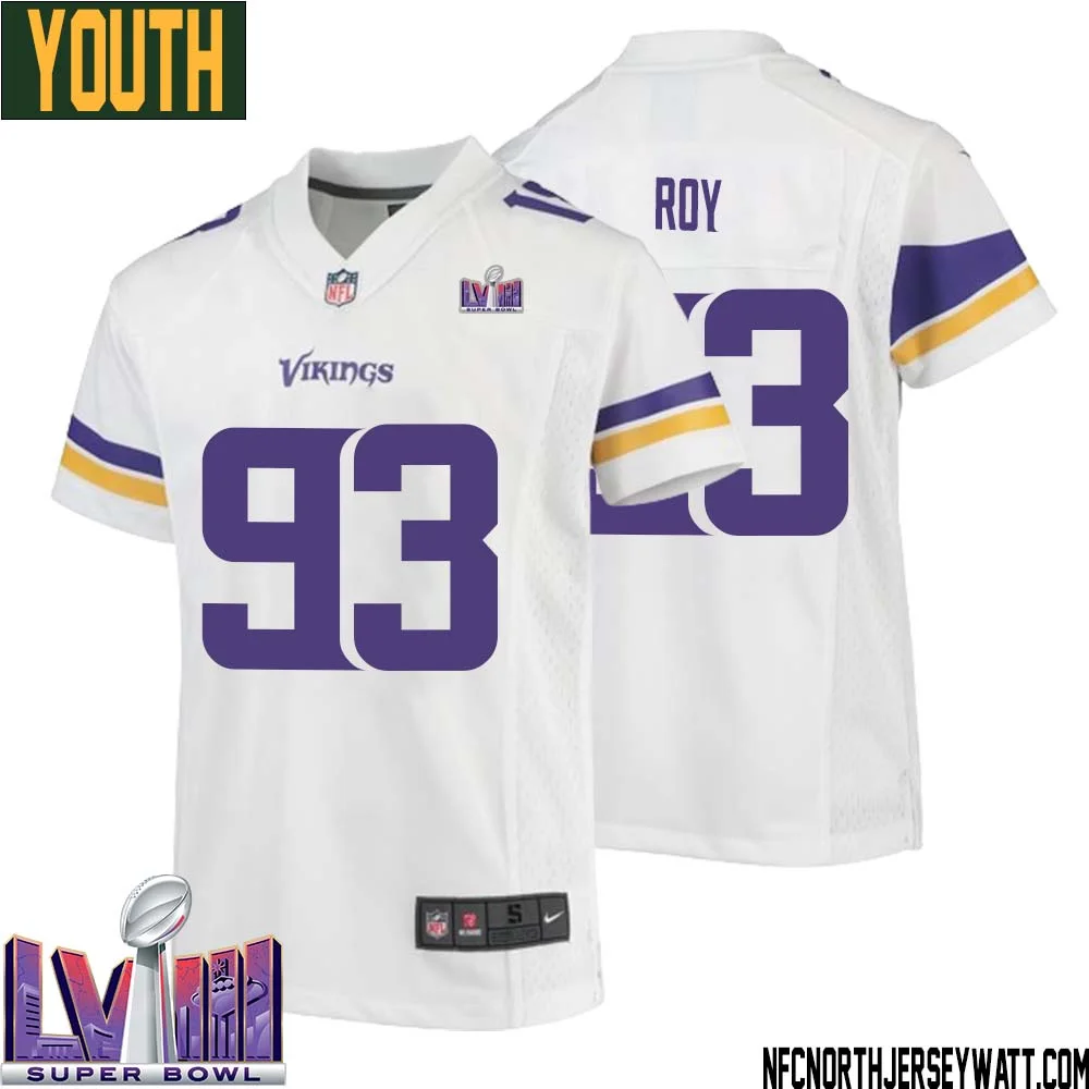 Jaquelin Roy No 93 Minnesota Vikings Super Bowl LVIII Away Game Jersey White for Youth 1