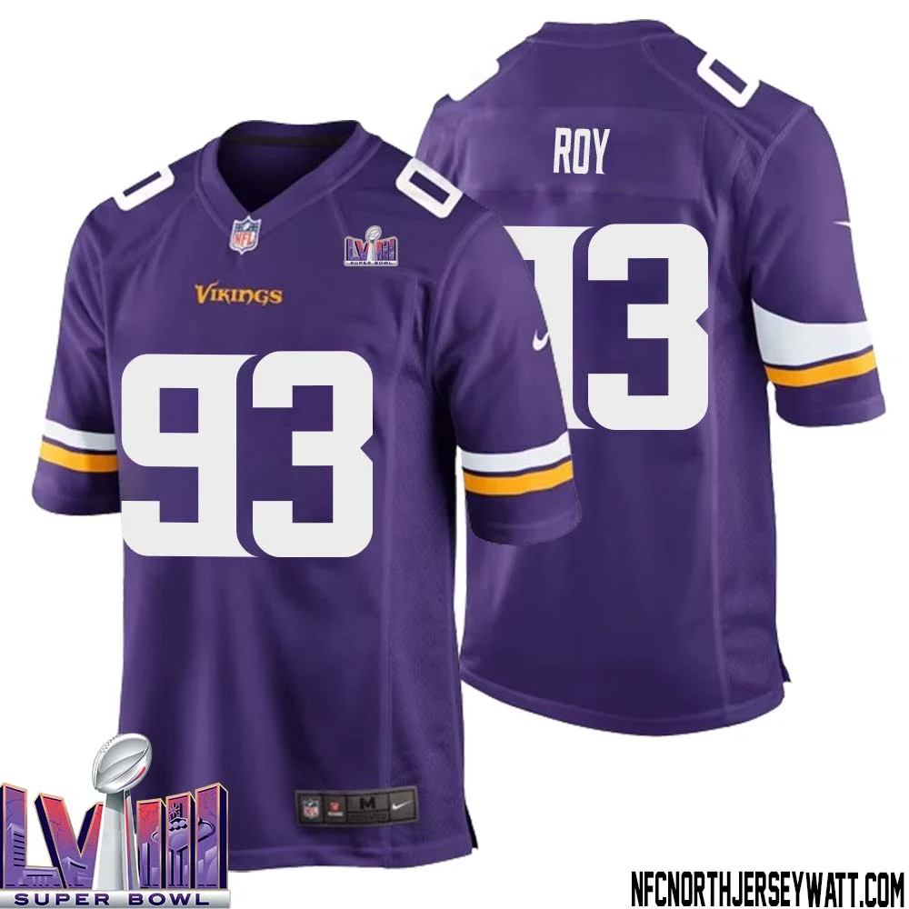 Jaquelin Roy No 93 Minnesota Vikings Super Bowl LVIII Home Game Jersey Court Purple for Mens