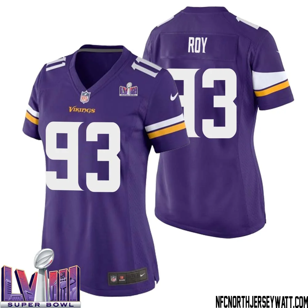 Jaquelin Roy No 93 Minnesota Vikings Super Bowl LVIII Home Game Jersey Court Purple for Women 1