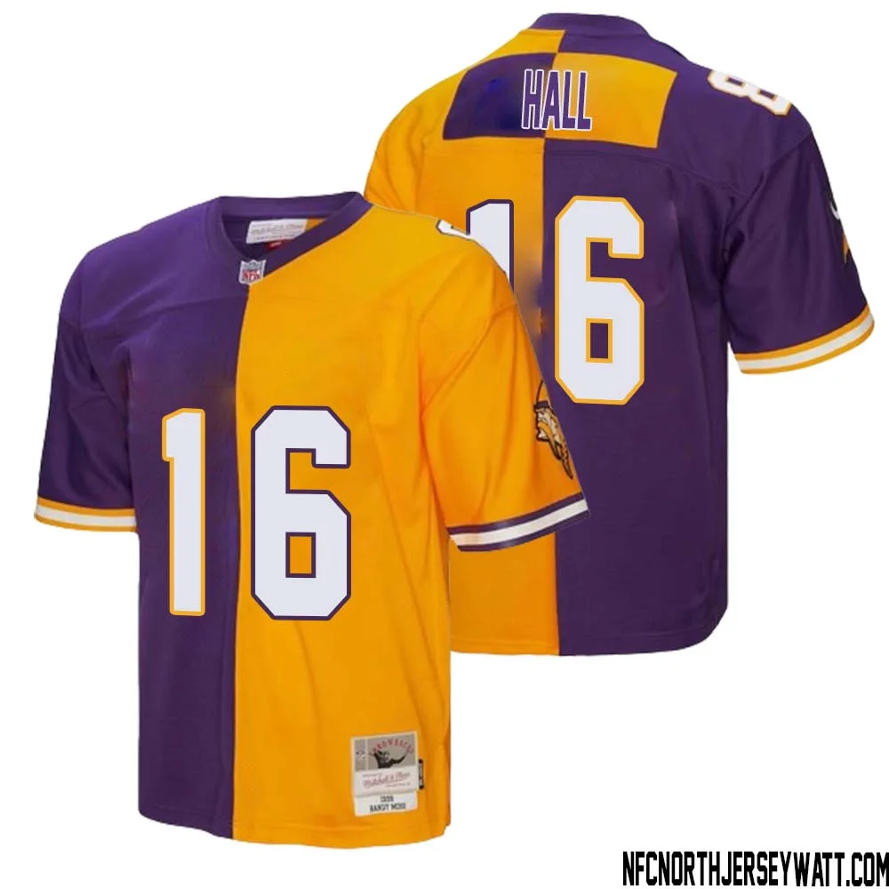 Jaren Hall No 16 Men Mitchell Ness Purple Gold Minnesota Vikings 1998 Split Legacy Replica Jersey