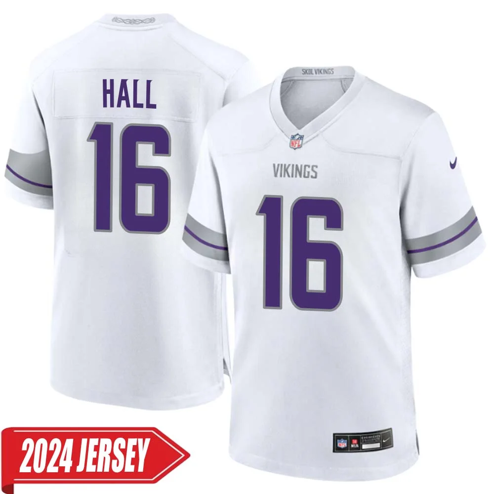 Jaren Hall No 16 Men s Minnesota Vikings White Alternate Custom Game 2024 Jersey