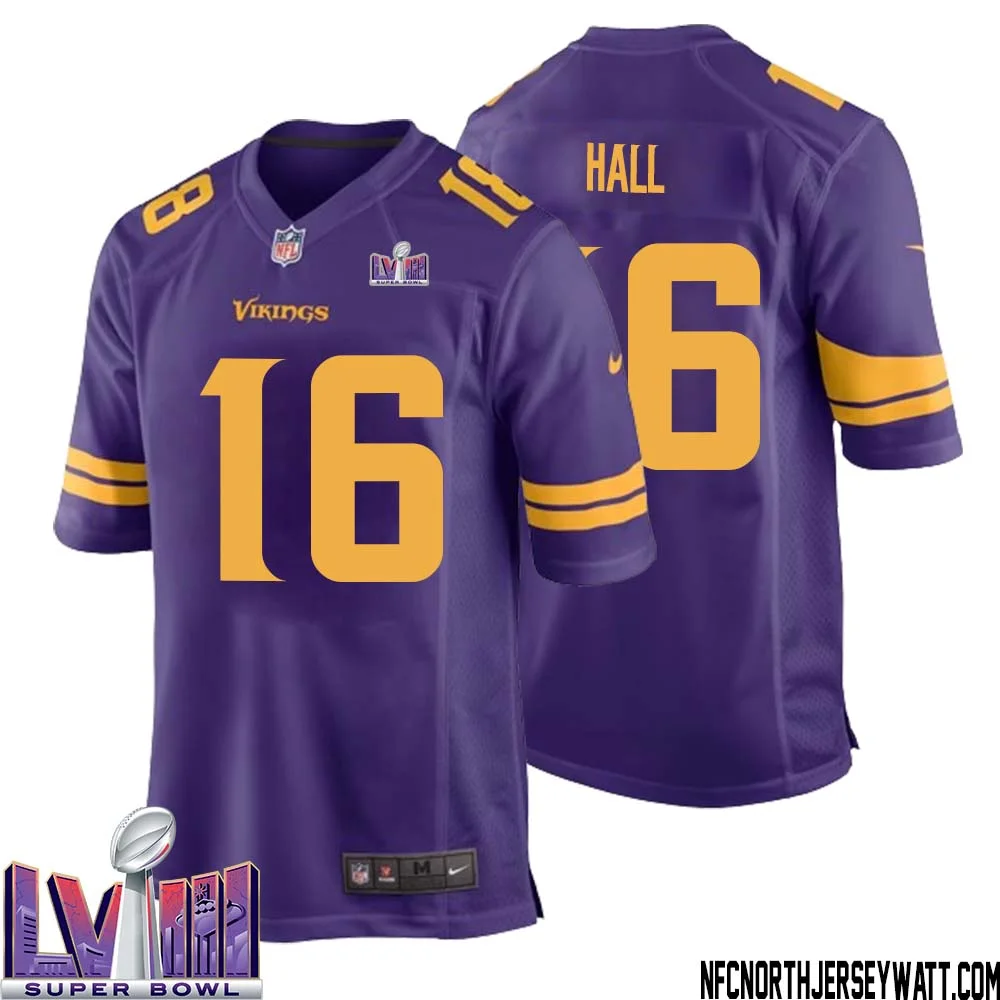 Jaren Hall No 16 Minnesota Vikings Super Bowl LVIII Alternate Game Jersey Purple for Men 1