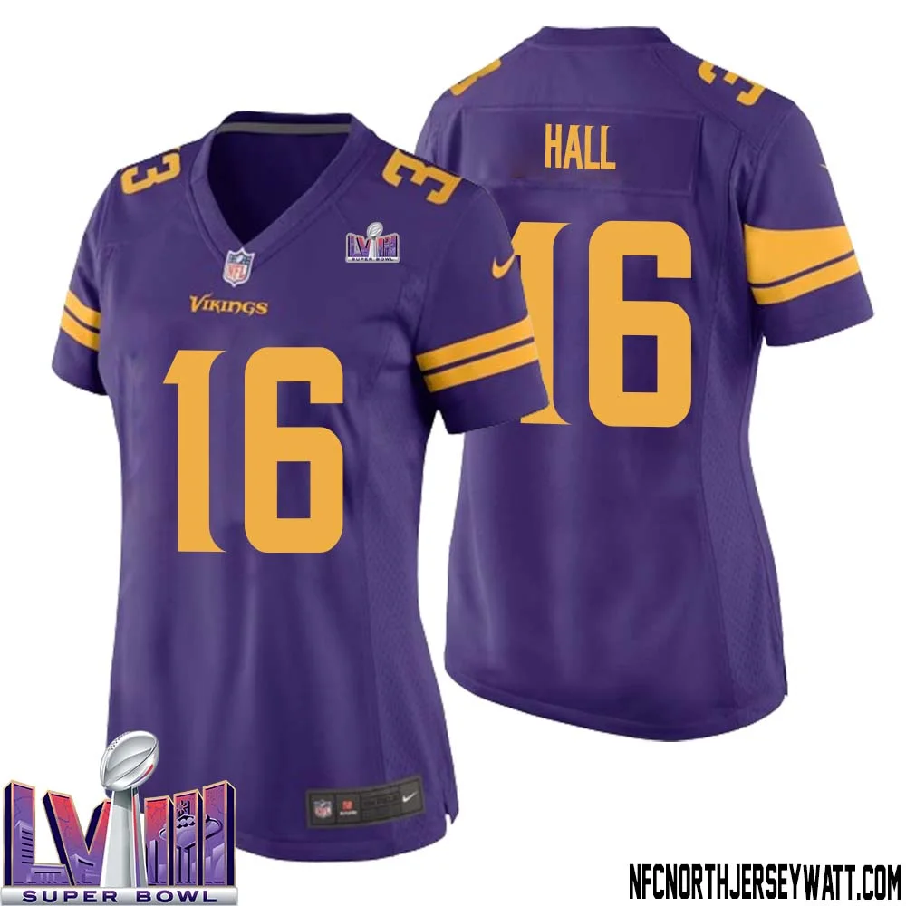 Jaren Hall No 16 Minnesota Vikings Super Bowl LVIII Alternate Game Jersey Purple for Women 1