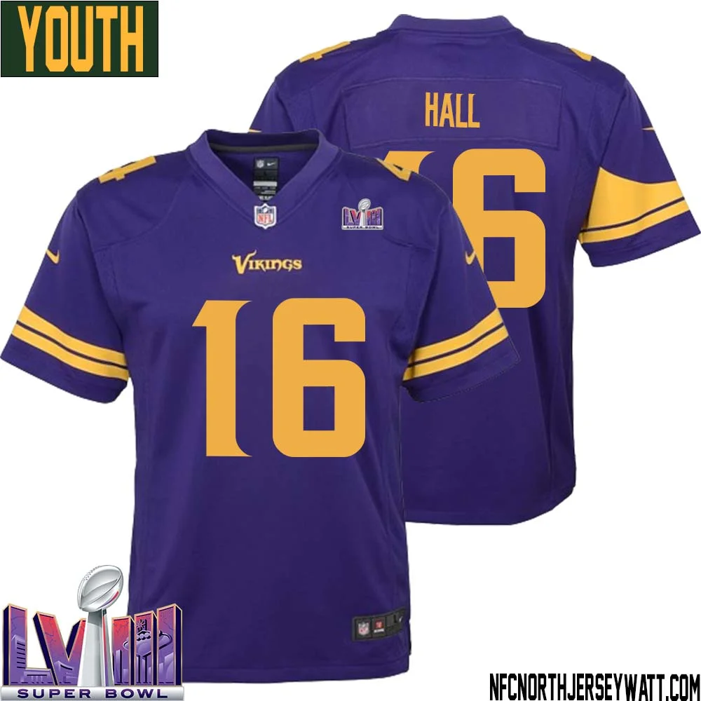Jaren Hall No 16 Minnesota Vikings Super Bowl LVIII Alternate Game Jersey Purple for Youth