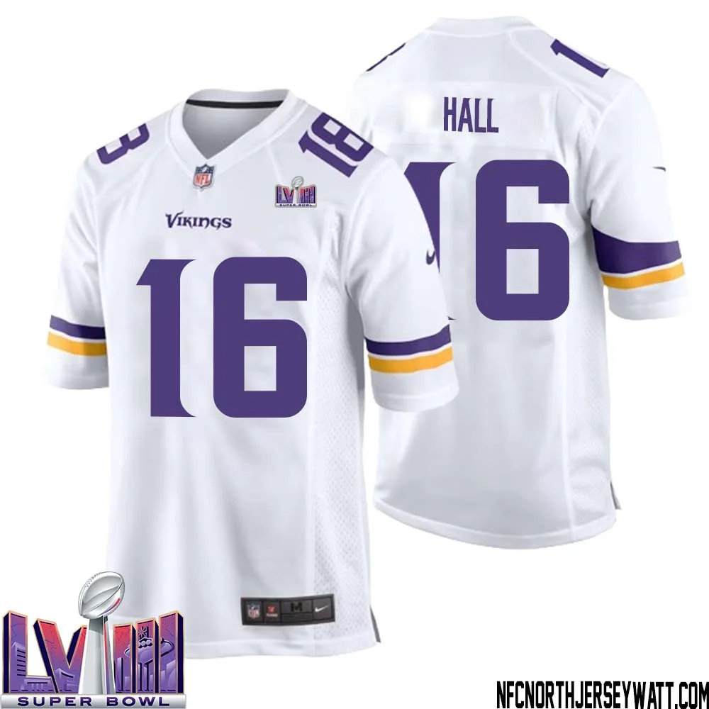 Jaren Hall No 16 Minnesota Vikings Super Bowl LVIII Away Game Jersey White for Men 1