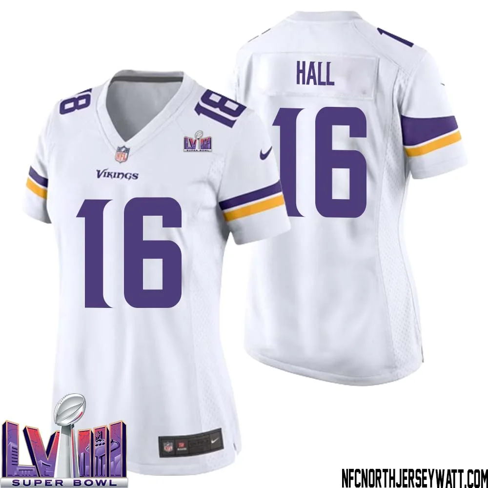 Jaren Hall No 16 Minnesota Vikings Super Bowl LVIII Away Game Jersey White for Women 1